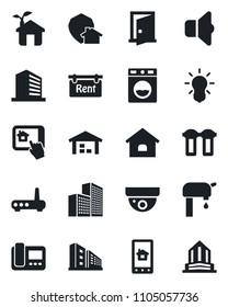 Set of vector isolated black icon - office building vector, house, water supply, warehouse, rent, eco, router, intercome, home control app, filter, washer, bulb, sound, protect, door, surveillance