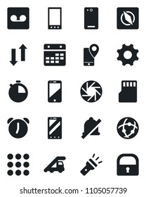 Set of vector isolated black icon - ladder car vector, mobile phone, tracking, cell, back, menu, camera, settings, alarm, stopwatch, record, sd, network, calendar, data exchange, torch, mute, lock