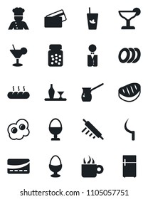 Set of vector isolated black icon - sickle vector, pills bottle, waiter, cook, alcohol, cocktail, phyto bar, coffee, plates, egg stand, bread, credit card, steak, rolling pin, turkish, omelette