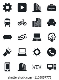 Set of vector isolated black icon - cafe vector, train, phone, mobile, office building, case, notebook pc, tree, sun, bike, route, play button, settings, torch, cushioned furniture