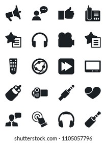 Set of vector isolated black icon - loudspeaker vector, tv, video camera, remote control, network, touch screen, speaker, headphones, radio phone, finger up, favorites list, heart, fast forward, rca