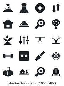 Set of vector isolated black icon - reception bell vector, trowel, barbell, search cargo, vinyl, tuning, record, data exchange, eye id, house with tree, fruit, smart home, mailbox, cook, irrigation