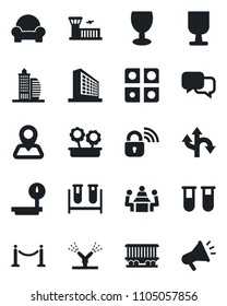 Set of vector isolated black icon - fence vector, airport building, office, blood test vial, route, navigation, railroad, fragile, heavy scales, dialog, application, meeting, cushioned furniture
