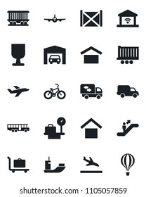 Set of vector isolated black icon - arrival vector, baggage trolley, airport bus, escalator, plane, luggage scales, bike, railroad, sea shipping, truck trailer, car delivery, container, fragile