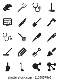 Set of vector isolated black icon - pen vector, pencil, trowel, shovel, farm fork, rake, glove, garden knife, axe, monitor pulse, stethoscope, share, themes, ladle, social media