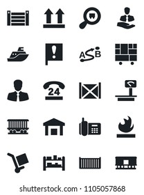 Set of vector isolated black icon - railroad vector, important flag, office phone, 24 hours, client, sea shipping, cargo container, consolidated, up side sign, warehouse, flammable, heavy scales