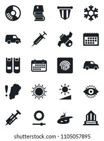 Set of vector isolated black icon - sun vector, book, pennant, circle chart, syringe, satellite, term, brightness, eye id, fingerprint, calendar, pond, snowflake, smoke detector, car