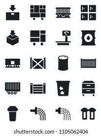 Set of vector isolated black icon - trash bin vector, checkroom, watering, railroad, truck trailer, cargo container, consolidated, package, oil barrel, heavy scales, archive box, water filter