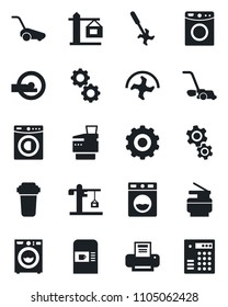 Set of vector isolated black icon - coffee machine vector, gear, ripper, lawn mower, tomography, printer, copier, washer, crane, water filter, combination lock