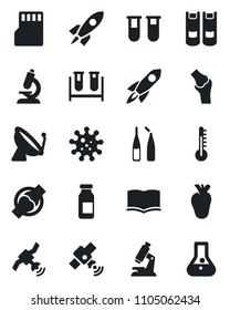 Set of vector isolated black icon - satellite antenna vector, book, blood test vial, microscope, ampoule, real heart, joint, virus, sd, thermometer, rocket, flask