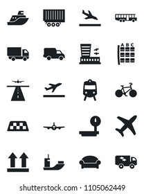 Set of vector isolated black icon - runway vector, taxi, departure, arrival, airport bus, train, waiting area, plane, seat map, building, bike, sea shipping, truck trailer, car delivery, moving