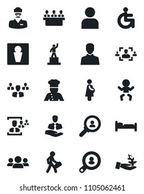 Set of vector isolated black icon - male vector, baby, bed, pedestal, disabled, doctor, pregnancy, client, user, hr, meeting, manager, search, cook, consumer, group, palm sproute