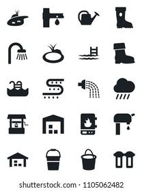 Set of vector isolated black icon - watering can vector, bucket, boot, rain, well, pond, drip irrigation, pool, water supply, warehouse, bathroom, heater, filter