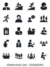Set of vector isolated black icon - speaking man vector, pedestal, team, manager place, run, doctor, support, client, speaker, identity card, meeting, career ladder, estate agent, waiter