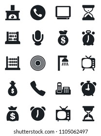 Set of vector isolated black icon - alarm clock vector, phone, abacus, money bag, vinyl, tv, microphone, call, office, fireplace, outdoor lamp, sand