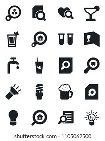 Set of vector isolated black icon - document search vector, bulb, blood test vial, heart diagnostic, cargo, torch, water supply, estate, wine card, cocktail, phyto bar, beer, energy saving, consumer