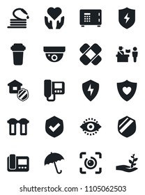 Set of vector isolated black icon - passport control vector, umbrella, safe, hose, patch, heart shield, hand, protect, eye id, estate insurance, intercome, water filter, surveillance, palm sproute
