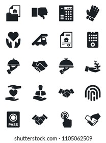 Set of vector isolated black icon - passport vector, ladder car, handshake, glove, heart hand, client, touch screen, finger down, fingerprint id, estate document, waiter, remote control