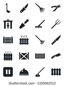 Set of vector isolated black icon - security gate vector, trowel, farm fork, rake, pruner, hoe, garden knife, cargo container, pause button, heater, dish, ladle, radiator
