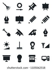 Set of vector isolated black icon - ladder car vector, presentation board, drawing pin, bulb, job, pencil, rake, well, brightness, cellular signal, ink pen, rolling, pc