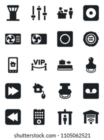 Set of vector isolated black icon - airport tower vector, baggage conveyor, passport control, security gate, stamp, fast forward, rewind, rec button, tuning, record, air conditioner, vip zone, home