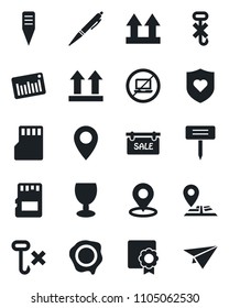 Set of vector isolated black icon - no laptop vector, stamp, plant label, heart shield, navigation, pin, fragile, up side sign, hook, barcode, sd, place tag, sertificate, pen, sale, paper plane