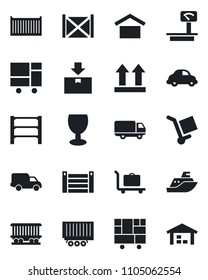 Set of vector isolated black icon - baggage trolley vector, railroad, sea shipping, truck trailer, cargo container, car delivery, consolidated, fragile, warehouse storage, up side sign, package