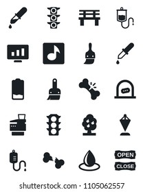 Set of vector isolated black icon - ticket office vector, pennant, statistic monitor, water drop, bench, dropper, broken bone, traffic light, low battery, themes, music, copier, fruit tree
