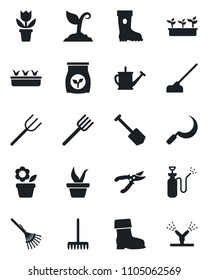 Set of vector isolated black icon - job vector, flower in pot, farm fork, rake, seedling, watering can, sproute, pruner, boot, hoe, sickle, garden sprayer, fertilizer, irrigation
