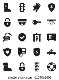 Set of vector isolated black icon - security gate vector, alarm car, safe, lock, glove, boot, hose, heart shield, traffic light, protect, key, intercome, surveillance, sprinkler, crisis management