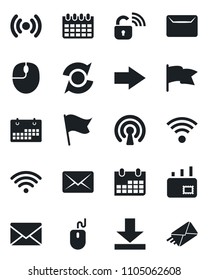 Set of vector isolated black icon - right arrow vector, mail, mouse, calendar, download, update, wireless, lock, flag