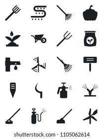 Set of vector isolated black icon - farm fork vector, rake, wheelbarrow, hoe, sickle, plant label, pumpkin, garden sprayer, fertilizer, drip irrigation, windmill
