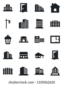 Set of vector isolated black icon - office building vector, fence, house, garden light, hospital, with garage, plan, city, cafe, door
