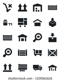 Set of vector isolated black icon - truck trailer vector, cargo container, car delivery, sea port, consolidated, warehouse storage, up side sign, no trolley, package, search