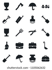 Set of vector isolated black icon - suitcase vector, umbrella, baggage larry, job, shovel, farm fork, pruner, axe, fragile, themes, case, stamp, ladle