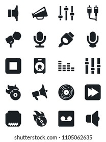 Set of vector isolated black icon - vinyl vector, flame disk, microphone, speaker, loudspeaker, settings, equalizer, stop button, fast forward, rca, hdmi, tuning, record, sound