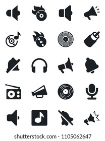 Set of vector isolated black icon - vinyl vector, flame disk, radio, speaker, loudspeaker, microphone, headphones, rca, bell, mute, music, sound, advertising