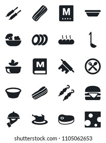 Set of vector isolated black icon - cafe vector, menu, salad, plates, bacon, waiter, bread, chicken, steak, kebab, hamburger, ladle, bowl, rolling pin, cheese