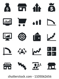 Set of vector isolated black icon - checkroom vector, money bag, crisis graph, store, monitor statistics, hr, target, arrow up, wallet, growth, cart, storefront