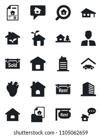 Set of vector isolated black icon - office building vector, house, real heart, with garage, tree, estate document, rent, sold signboard, search, agent, smart home, city, eco, message