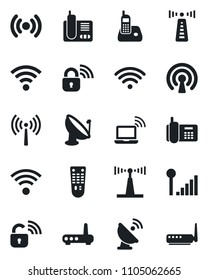 Set of vector isolated black icon - antenna vector, wireless notebook, office phone, satellite, remote control, radio, cellular signal, lock, router