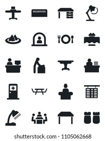 Set of vector isolated black icon - baby room vector, reception, flight table, medical, desk, manager place, picnic, lamp, meeting, restaurant, serviette, cafe, reserved, salt and pepper