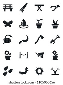 Set of vector isolated black icon - fence vector, flower in pot, shovel, seedling, wheelbarrow, pruner, saw, butterfly, water drop, sun, hose, sickle, axe, bench, seeds, caterpillar, picnic table