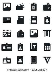 Set of vector isolated black icon - credit card vector, identity, medical calendar, gallery, sd, sim, archive box, wine, pass, wallet, pennon