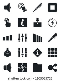 Set of vector isolated black icon - package vector, sorting, settings, touch screen, stop button, menu, folder, charge, application, pen, sound, information, social media