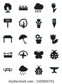 Set of vector isolated black icon - umbrella vector, flower in pot, ripper, tree, butterfly, lady bug, seedling, rain, plant label, picnic table, tulip