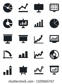 Set of vector isolated black icon - growth statistic vector, presentation board, crisis graph, circle chart, monitor pulse, statistics, bar, pie, point