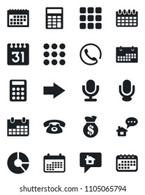 Set of vector isolated black icon - right arrow vector, calendar, circle chart, microphone, menu, calculator, phone, home message, money bag