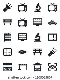 Set of vector isolated black icon - barrier vector, tv, alarm car, seat map, bench, monitor pulse, microscope, eye, torch, plan, alcove, scan