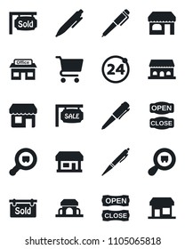 Set of vector isolated black icon - 24 around vector, shop, pen, store, search cargo, sale, sold signboard, cafe building, open close, cart, storefront